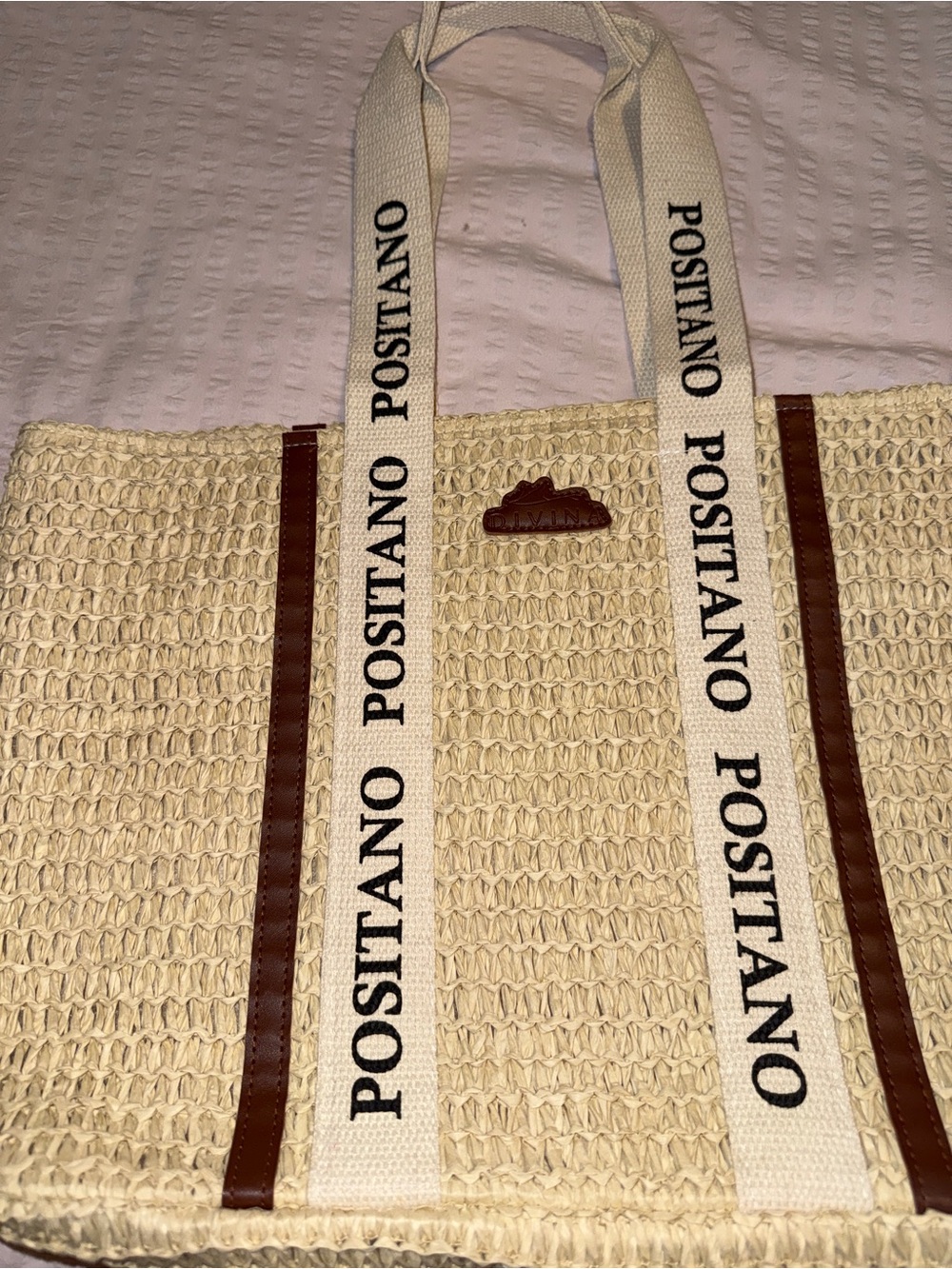 Divina Costiera Positano Straw Tote Bag with Brown Trim - Picture 2 of 9